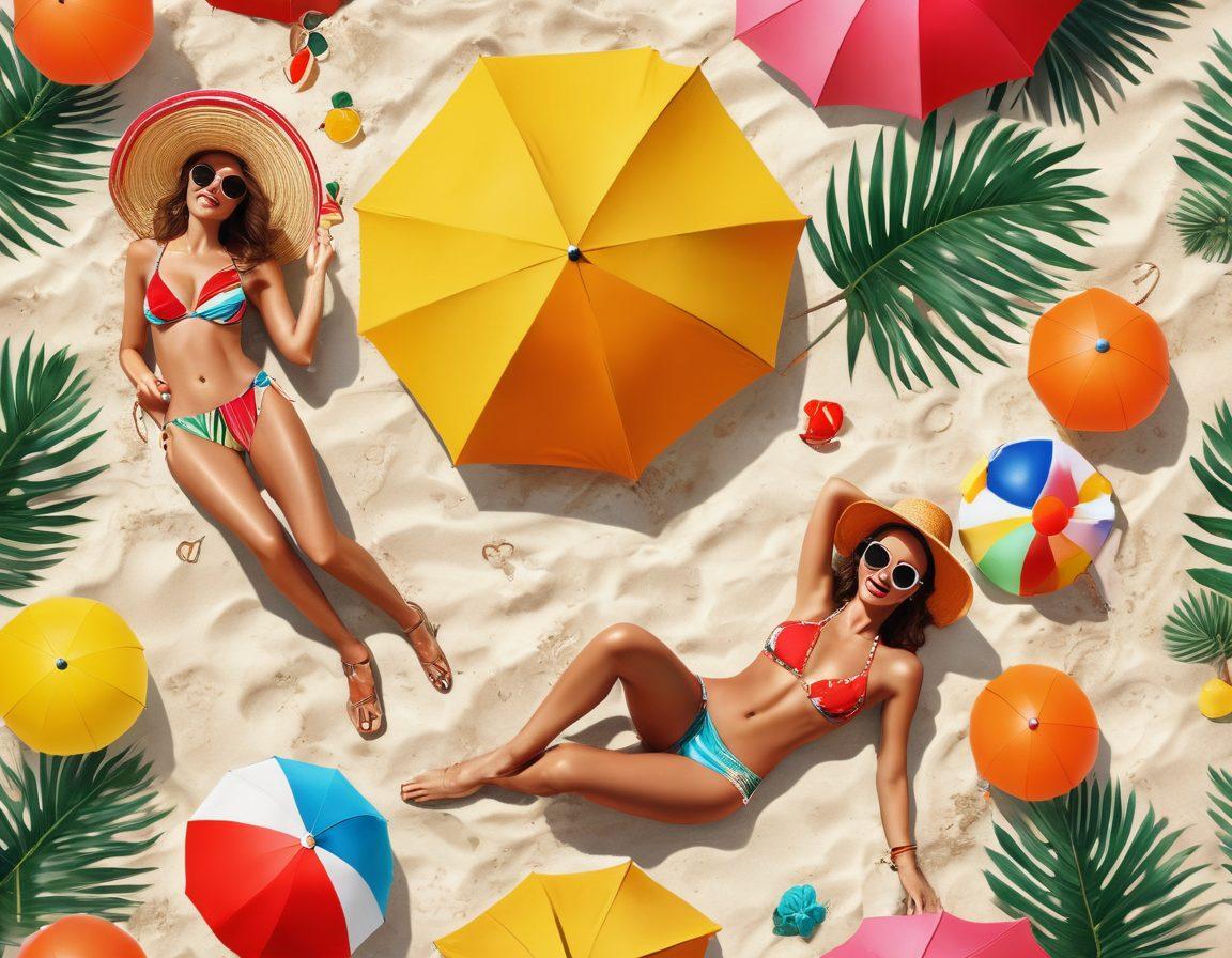 A vibrant beach scene featuring fashionable women in diverse and trendy bikinis, lounging under colorful umbrellas. Capture playful ocean waves and sandy shores, with stylish accessories like sun hats and sunglasses adding flair. Incorporate tropical plants and beach balls for a lively atmosphere. The overall vibe should exude a fun and sassy summer lifestyle. super-realistic. bright colors. tropical theme.