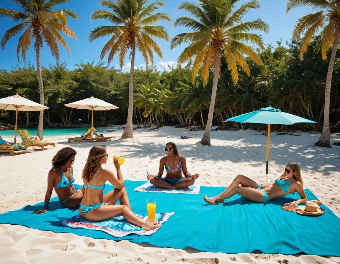 A sun-soaked beach scene showcasing a diverse group of people wearing stylish swimsuits, lounging on colorful beach towels, playing beach volleyball, and enjoying refreshing drinks. The backdrop features sparkling turquoise waters, soft white sand, and swaying palm trees, creating a vibrant and inviting atmosphere. Include beach accessories like straw hats and sunglasses to enhance the beach lifestyle. sun-kissed tones and vivid colors. super-realistic.